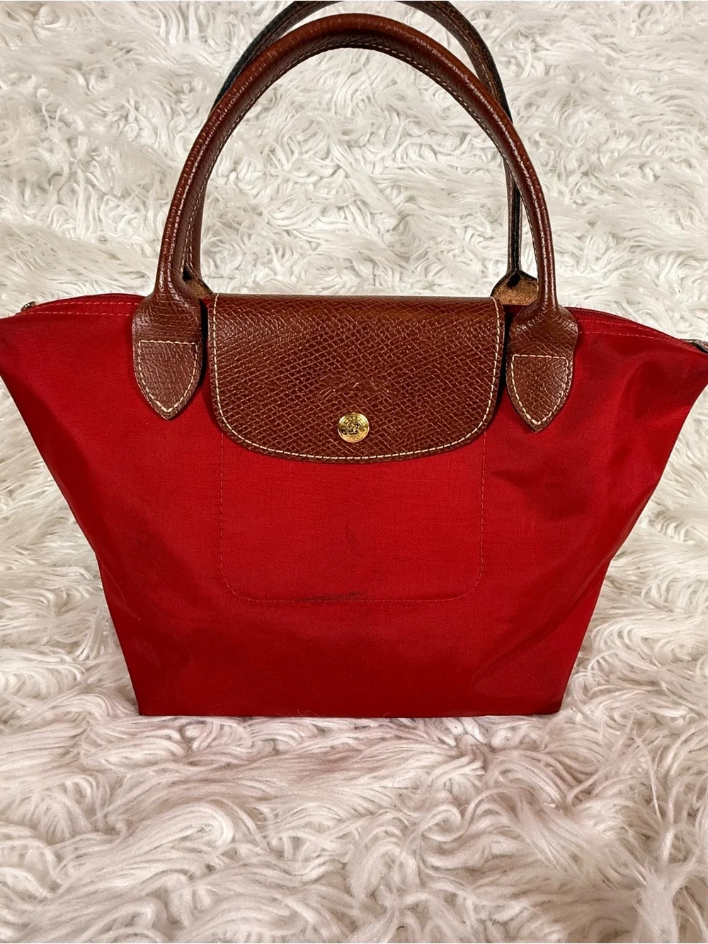 Original Longchamp Red Nylon Tote with Brown Leather Trim small